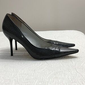 BCBG Black Patent Pointed-Toe Pumps with White Pinstripe